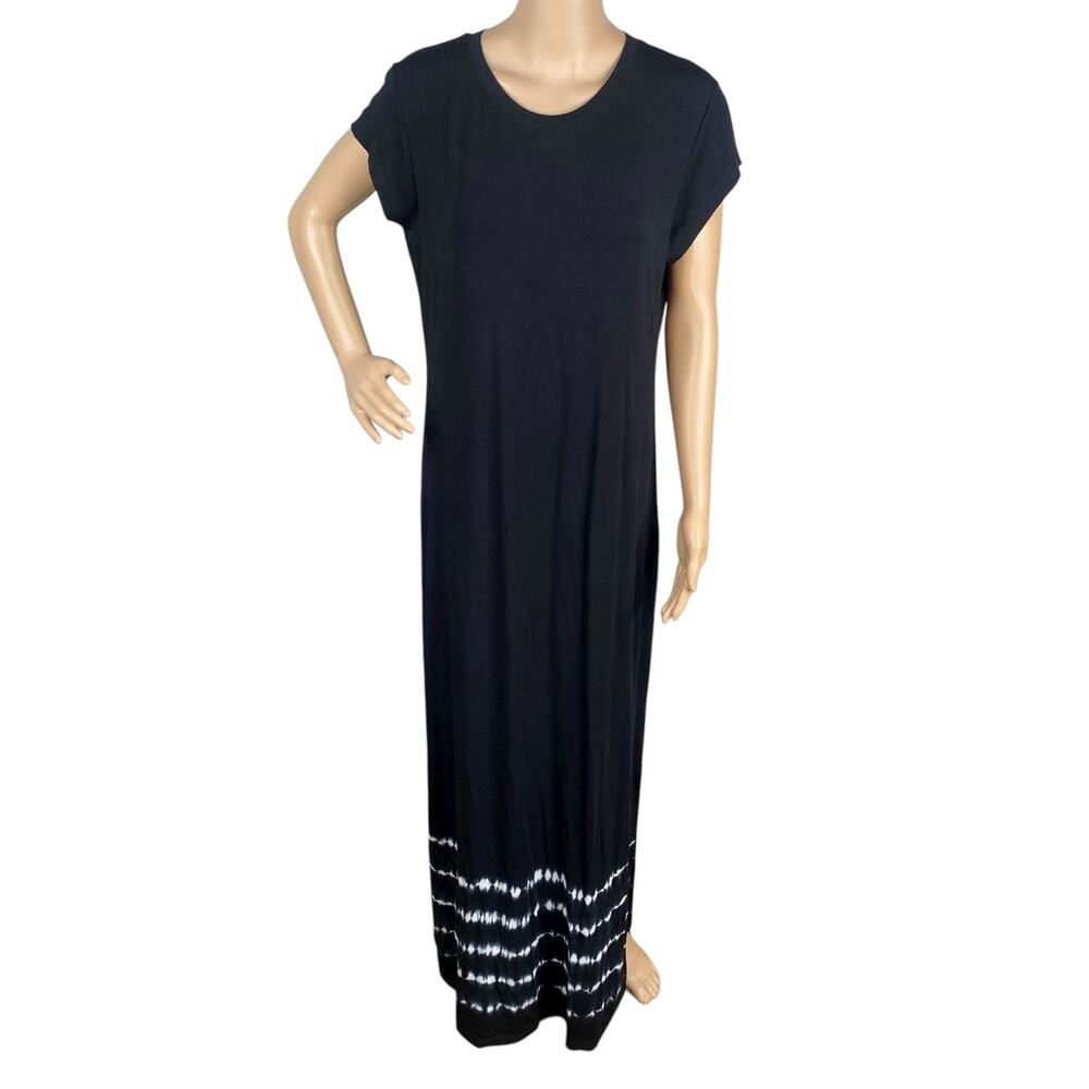 Figwood Sustainable Tie Dye Maxi Dress L | Black Stripe Slit Hem Bohemian Cotton